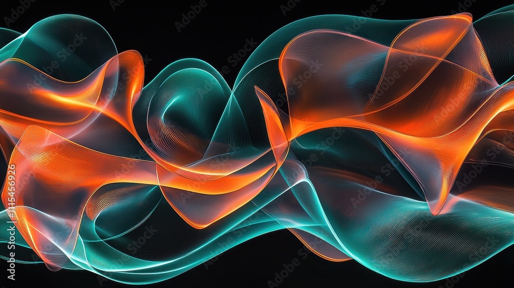 Poster intricate overlapping loops of translucent material with vibrant colors and ethereal design