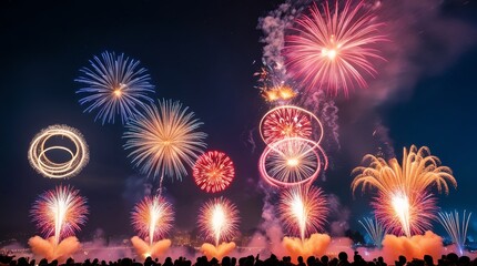 A vibrant and lively scene of kembang api, or Indonesian fire flowers, illuminating the night sky on New Year's Eve, with a multitude of colorful fireworks exploding in various shapes and patterns