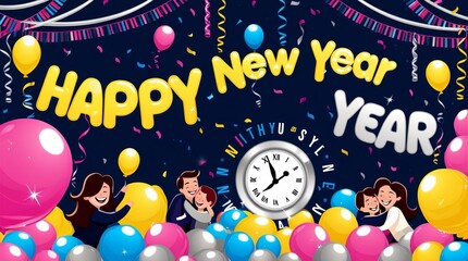 A vibrant and colorful digital illustration depicting a joyful New Year's Eve celebration, featuring confetti, balloons, and streamers in shades of bright pink, yellow, blue, and silver