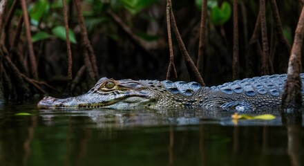 Close-up of american alligator in tranquil mangrove habitat