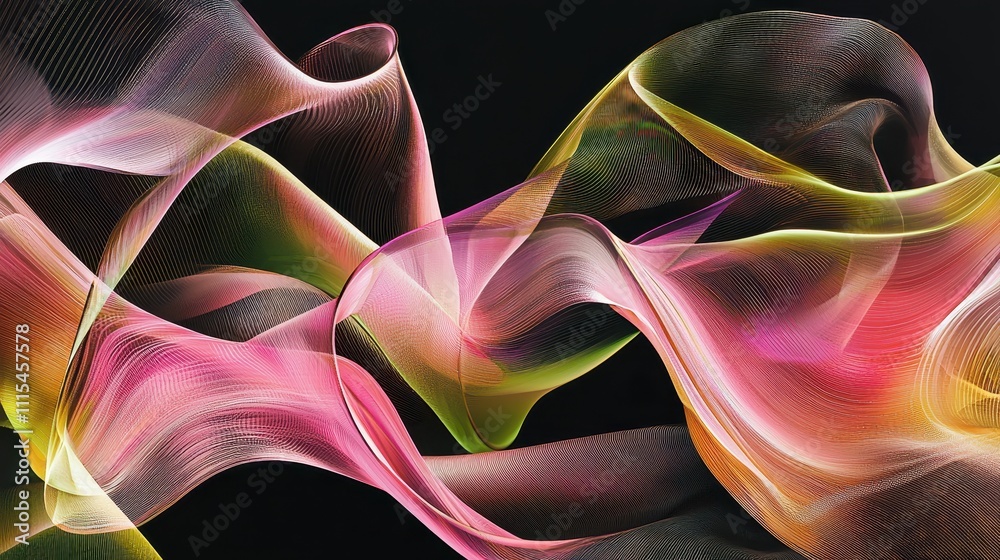 Poster intricate overlapping loops of translucent material in vibrant colors against a dark background