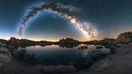 Celestial Reflections. Tranquil beauty of the night sky over a serene water landscape