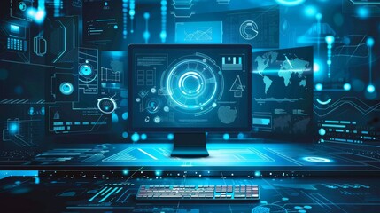 Professional dark blue powerpoint background with modern tech style and motivational abstract shapes