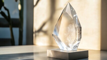 Clear quartz crystal sculpture on white base, sunlit.