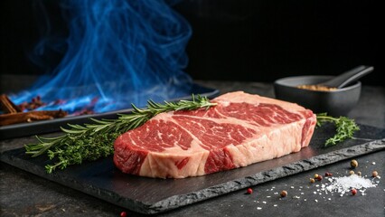 Sizzling Steak with Blue Flames: A close-up of a raw, marbled ribeye steak with blue flames and rosemary sprigs, set against a dark backdrop.