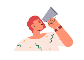 Woman speaking with megaphone. Happy announcement, message with loudspeaker, bullhorn. Female character holding loud speaker, sound amplifier. Flat vector illustration isolated on white background
