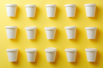 Coffee cups arrangement on bright yellow background minimalist design graphic content studio setting overhead view for branding