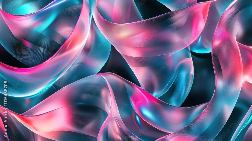 Poster intricate overlapping loops of translucent material in vibrant colors and patterns