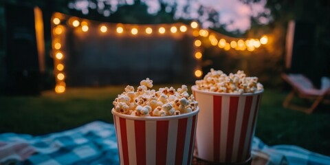 Vintage cinema experience featuring drinks and popcorn in a picturesque summer garden setting, creating a nostalgic atmosphere for movie lovers to enjoy. Retro cinema vibes enhance the outdoor