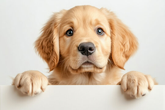 Cute golden retriever puppy peeking over a white surface with curious eyes