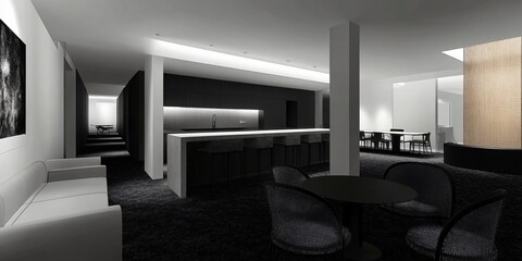 Fototapeta premium Elegant black-style living room interior design with a modern and luxurious atmosphere. Featuring sleek furniture, sophisticated decor, and minimalistic elements, this space embodies contemporary eleg
