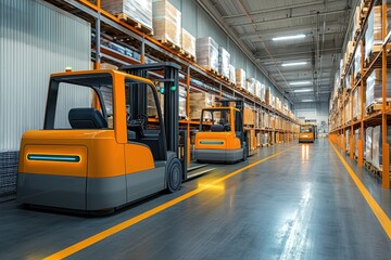 Obraz premium A modern warehouse with orange forklifts navigating between shelves filled with neatly stacked pallets.