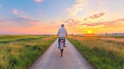 Obraz premium Cycling at sunset serene rural landscape photography tranquil environment rear view outdoor adventure for relaxation