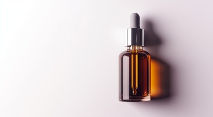 Naklejka premium Minimalist Amber Glass Dropper Bottle on White Background with Soft Shadows and Elegant Design