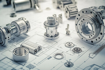 Mechanical engineering blueprint with metal components on table