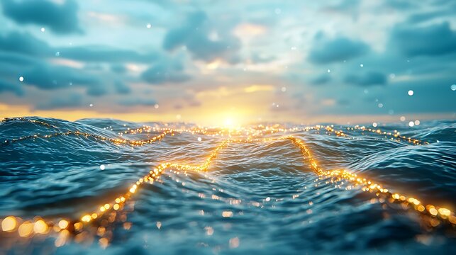 The visualization of an underwater communication network shows a complex web of cables stretching across the ocean floor