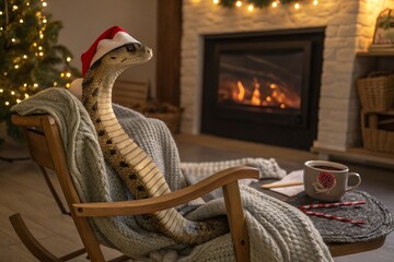 snake wearing a Santa hat, relaxing in a rocking chair by the fireplace while enjoying hot chocolate. Perfect blend of comfort, holiday spirit, and whimsical charm