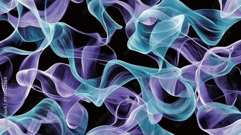 Poster translucent intricate overlapping loops of ethereal material on a dark background