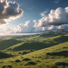 Fototapeta premium A layer of cumulus clouds forms above the rolling hills as they stretch towards the horizon, natural scenery, peaceful, outdoor