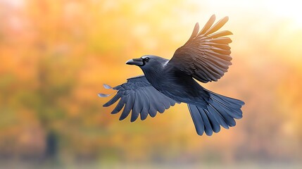 Fototapeta premium A realistic 3D animation of a crow flying across a digital landscape, its glossy black feathers shimmering in the sunlight as it caws loudly.