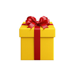 Obraz premium Yellow gift box with red silk ribbon bow isolated on transparent background