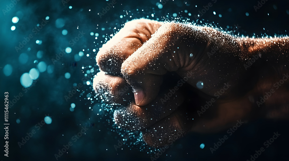 Poster a close-up of a clenched fist releasing particles, creating a dramatic effect against a dark, illumi