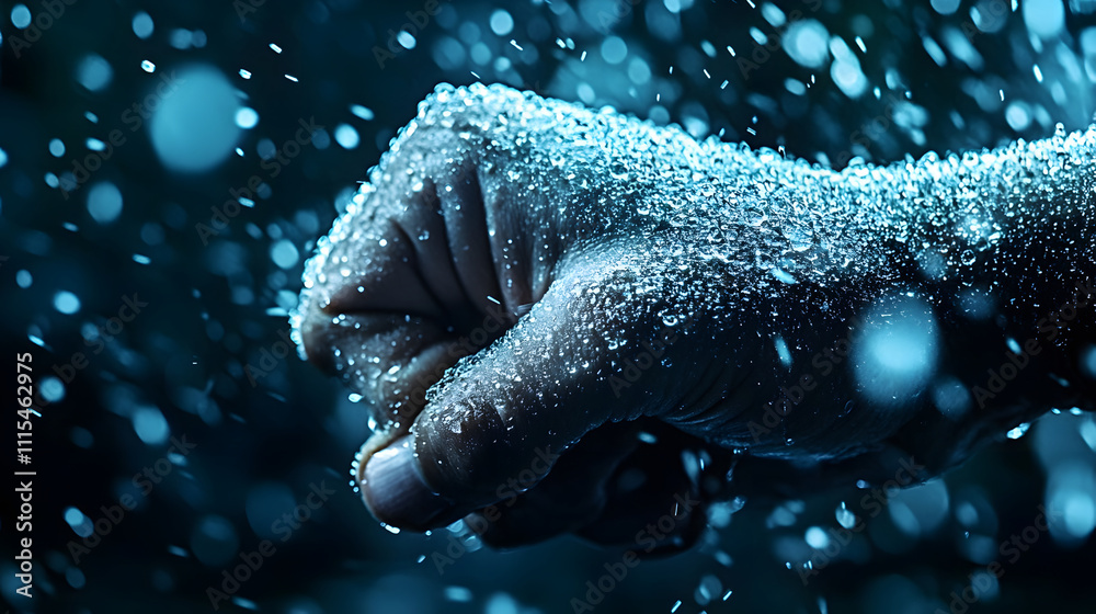 Aufkleber A close-up of a clenched fist with water droplets cascading around it, creating a dynamic and intense atmosphere