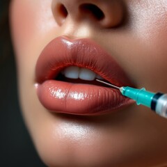 Close up of woman receiving botox injection in lips