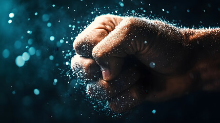 Fototapeta premium A close-up of a clenched fist releasing particles, creating a dramatic effect against a dark, illuminated background