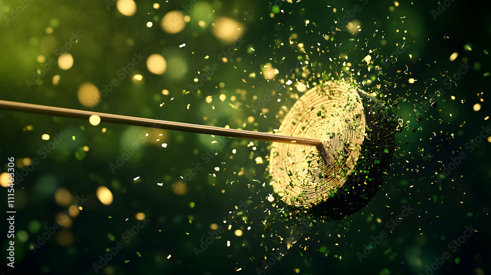 Poster a shimmering gold coin bursts with sparkling particles in a vibrant green backdrop, symbolizing weal