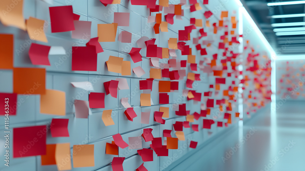 Poster a vibrant wall covered with colorful sticky notes in red, orange, and yellow, creating a dynamic and