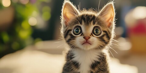 Fototapeta premium Cat show featuring a curious kitten looking into the camera, showcasing the playful and adorable nature of kittens at a cat show event. This kitten captures the essence of cat shows.