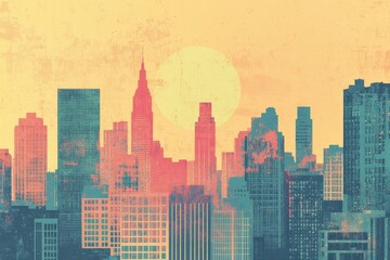 Fototapeta premium Bold building silhouettes create a striking cityscape, complemented by a warm sunset that adds depth and mood to the vibrant colors. Generative AI