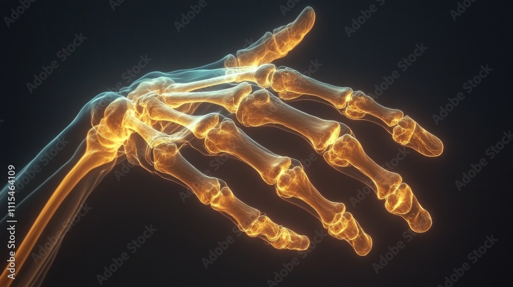 Poster a hyper-realistic representation of a human hand highlights the intricate details of its skeletal st