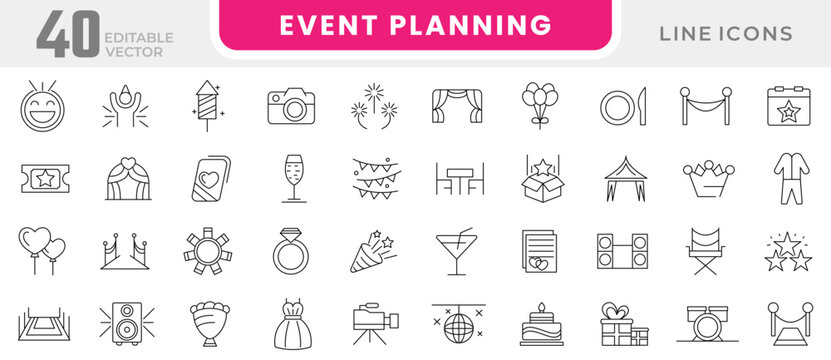Event planning line icon set. Containing decorations, venue, event planning, registration, entertainment, invitations, coordination, wedding, entertainment line icon set. UI thin line icon pack.