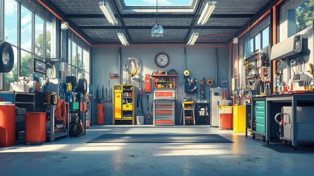 Well-equipped garage workshop with tools and equipment.