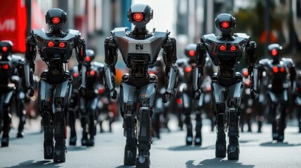 Obraz premium Army of gray red and black robots walking. 