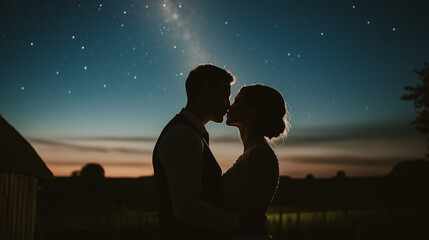 Midnight kiss under Milky Way in serene countryside