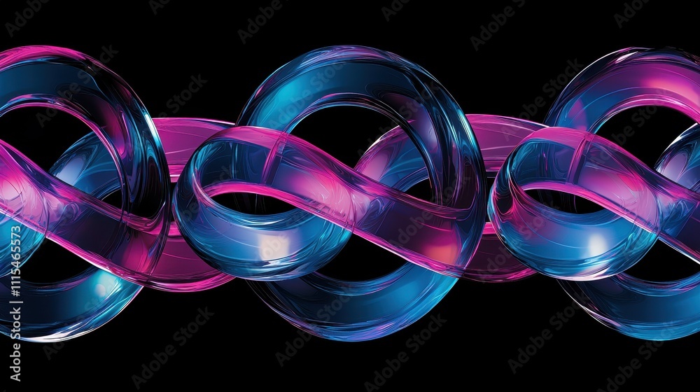 Poster intricate overlapping loops of translucent material in vivid colors on a black background
