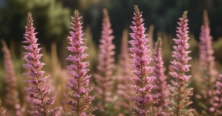 Obraz premium Closeup of pink heather flowers Calluna vulgaris against a floral background with soft focus and warm light, closeup photography, flowers