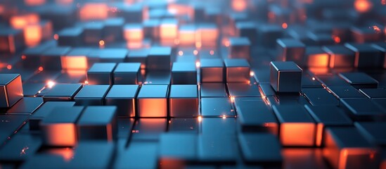 Fototapeta premium Abstract background of metallic cubes with blue and orange lighting.