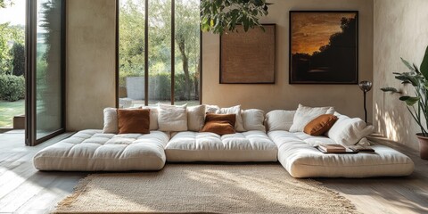Fototapeta premium Modern Sectional Sofa in a Sunlit Room with Artwork