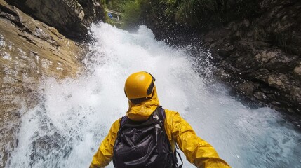 Person canyoning down a waterfall.