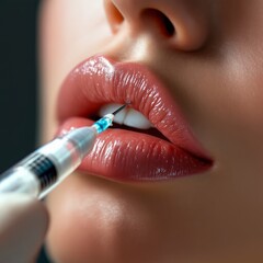 Close up of woman receiving botox injection in lips