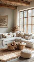 Fototapeta premium Rustic Living Room with Neutral Decor and Wooden Accents