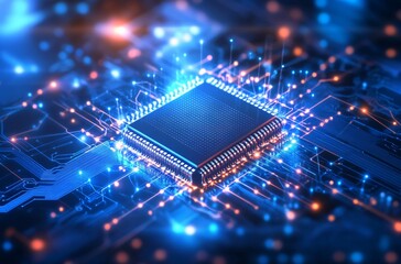 Obraz premium Close-up of a microchip symbolizing cutting-edge technology and research, reflecting advancements in R&D and the internet, showcasing the future of digital innovation.