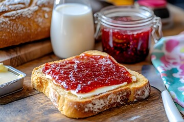 A French tartine with creamy butter, strawberry jam, milk, jam jar, butter dish, and bread on a wooden table, school bag in the background