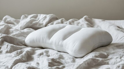 Panoramic memory foam pillow highlighting the discomfort experienced by a bony neck surrounded by crumpled sheets. The memory foam pillow creates a scene of relaxation with ample copy space.