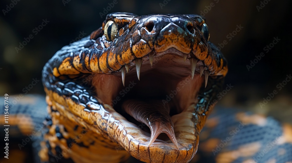 Aufkleber a striking encounter with a menacing snake, its mouth agape, displaying sharp fangs and a flickering