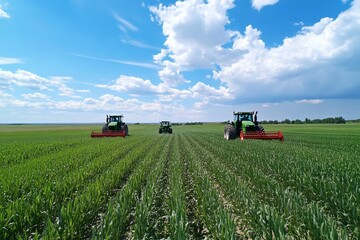 Obraz premium Three tractors cultivating a vast green field under a bright blue sky.